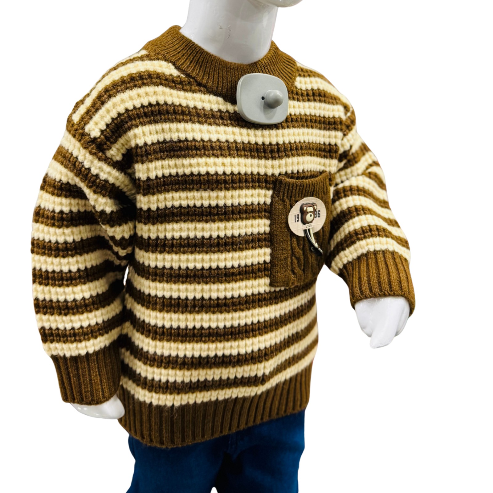 Boys Olive & Cream Striped Knitted Winter Sweater with Grey Jeans - Image 3