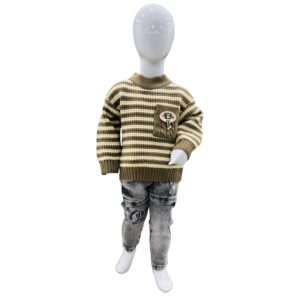 Boys Olive & Cream Striped Knitted Winter Sweater with Grey Jeans