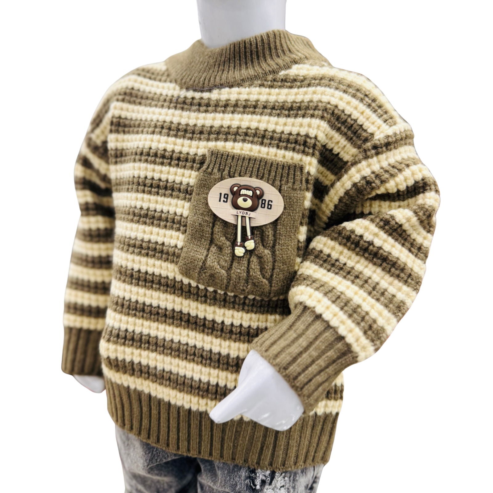 Boys Olive & Cream Striped Knitted Winter Sweater with Grey Jeans - Image 2