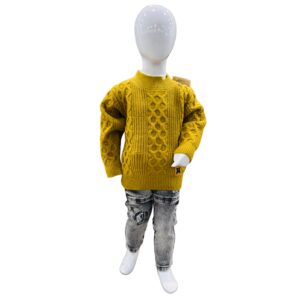 Boys Mustard Textured Knitted Winter Sweater with Grey Jeans