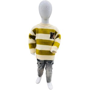 Boys Olive & Cream Striped Knitted Winter Sweater with Grey Jeans