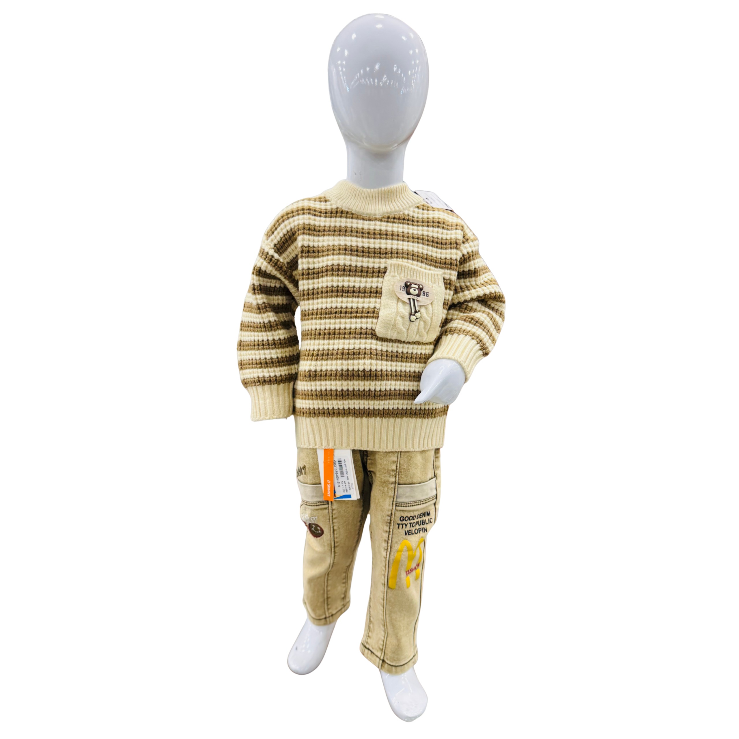 Boys Striped Knitted Winter Sweater with Printed Cotton Pants