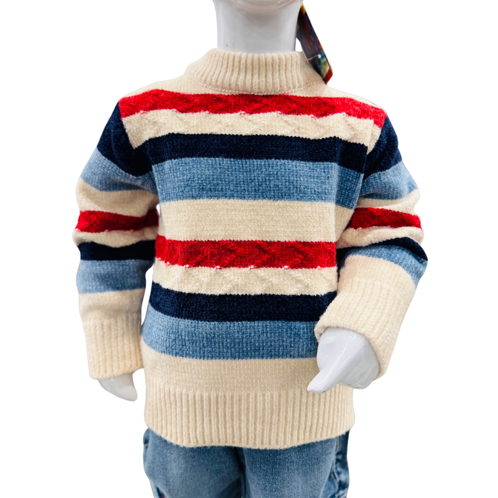 Boys Striped Winter Sweater with Denim Jeans Set - Image 2