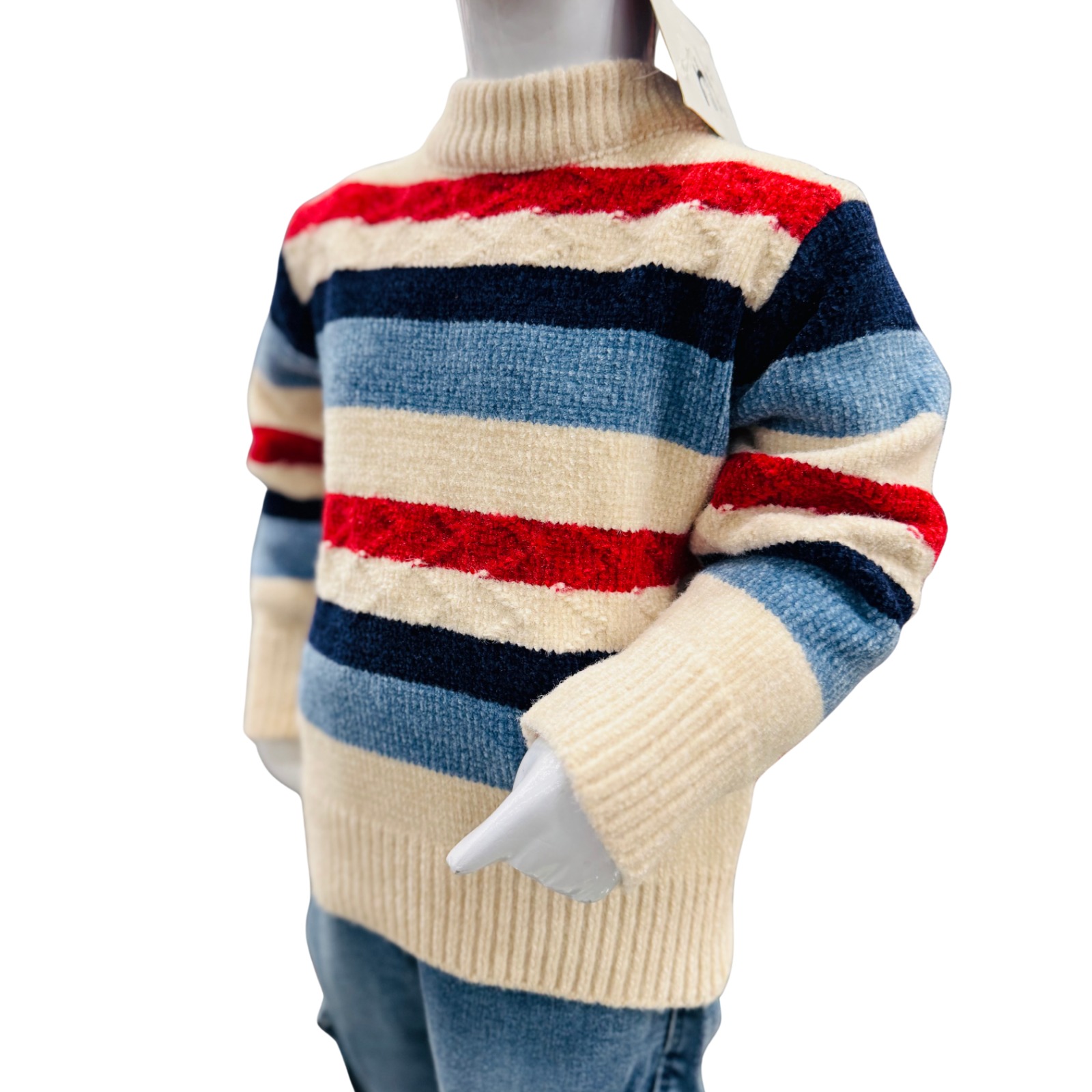 Boys Striped Winter Sweater with Denim Jeans Set - Image 4