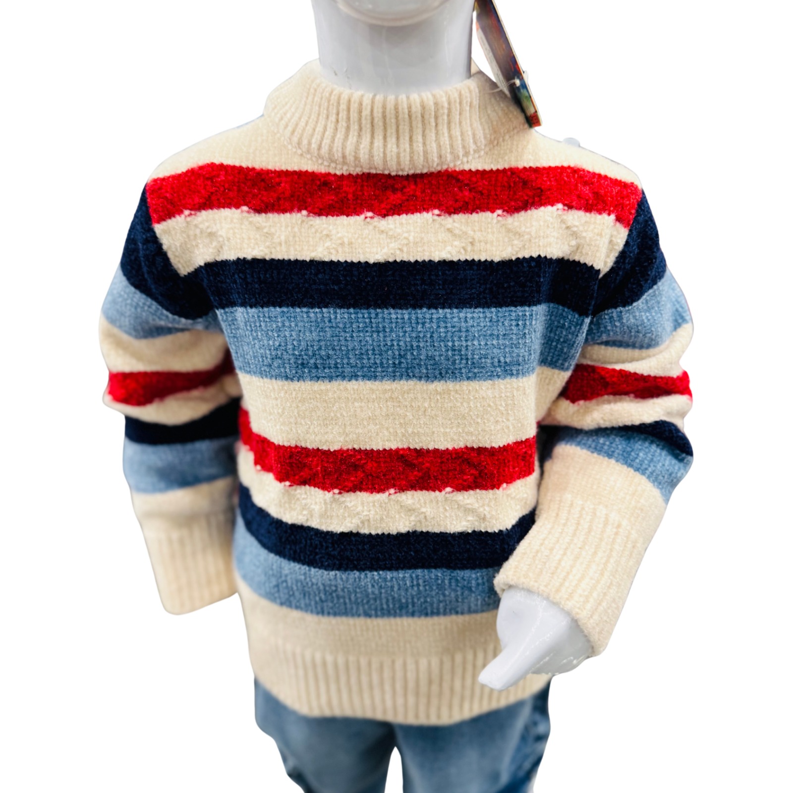 Boys Striped Winter Sweater with Denim Jeans Set - Image 3