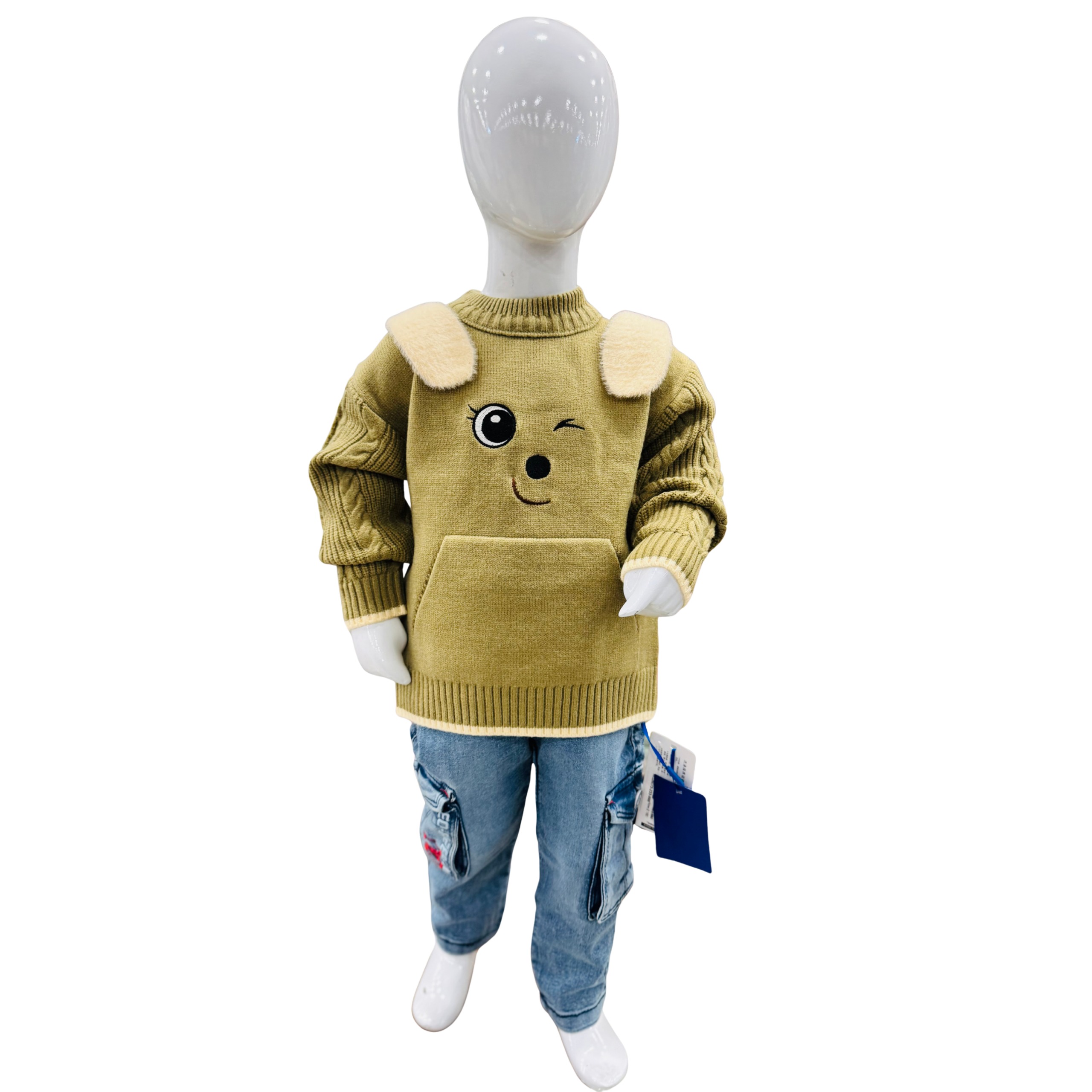 Boys Winter Knitted Sweater & Denim Jeans Set – Cute Cartoon Design