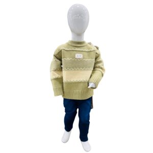 Kids Winter Jacquard Knit Sweater with Blue Denim Jeans – Green & Cream