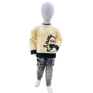 Kids Winter Cartoon Knit Sweater with Grey Denim Jeans – Cream