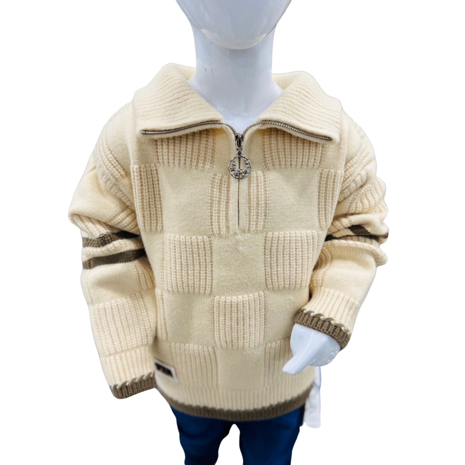 Boys High-Neck Knit Winter Sweater & Trouser Set – Cream - Image 4