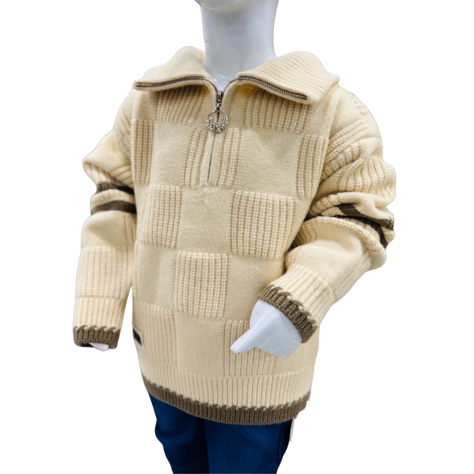 Boys High-Neck Knit Winter Sweater & Trouser Set – Cream - Image 3