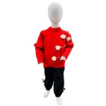 Girls Red Winter Sweater & Trouser Set with Floral Appliqué – Stylish & Warm Outfit