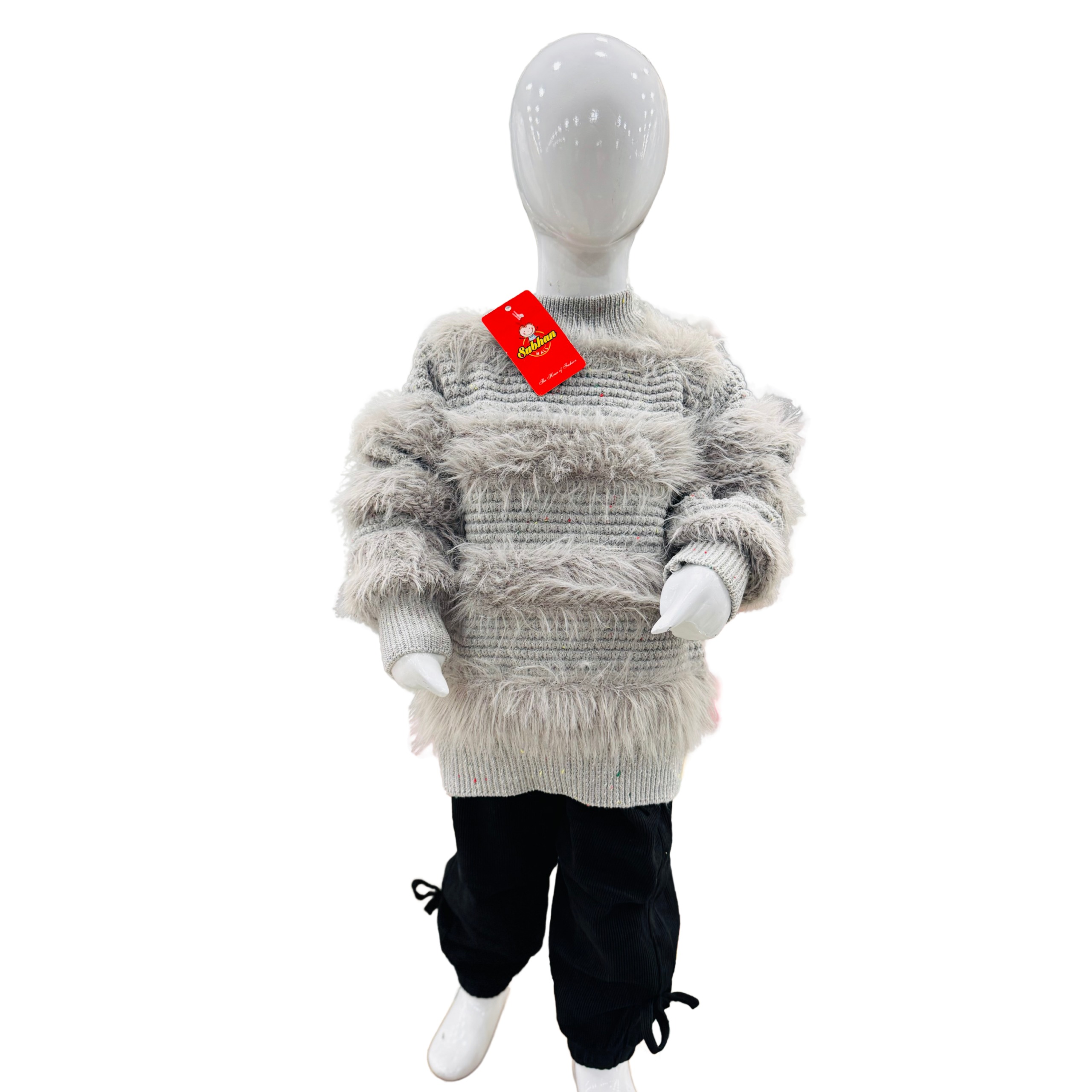 Girls Grey Fuzzy Knit Winter Sweater & Trouser Set – Cozy & Stylish Outfit