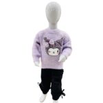 Girls Purple Cartoon Knit Winter Sweater & Trouser Set – Cute & Cozy Outfit