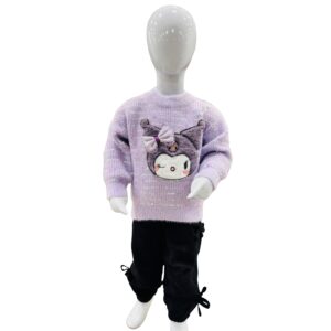 Girls Purple Cartoon Knit Winter Sweater & Trouser Set – Cute & Cozy Outfit