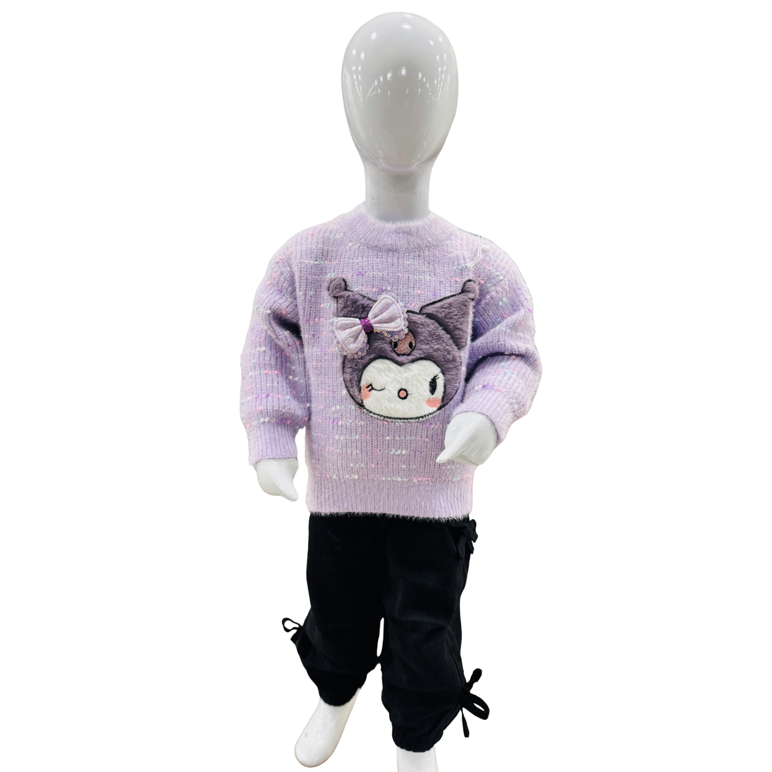 Girls Purple Cartoon Knit Winter Sweater & Trouser Set – Cute & Cozy Outfit