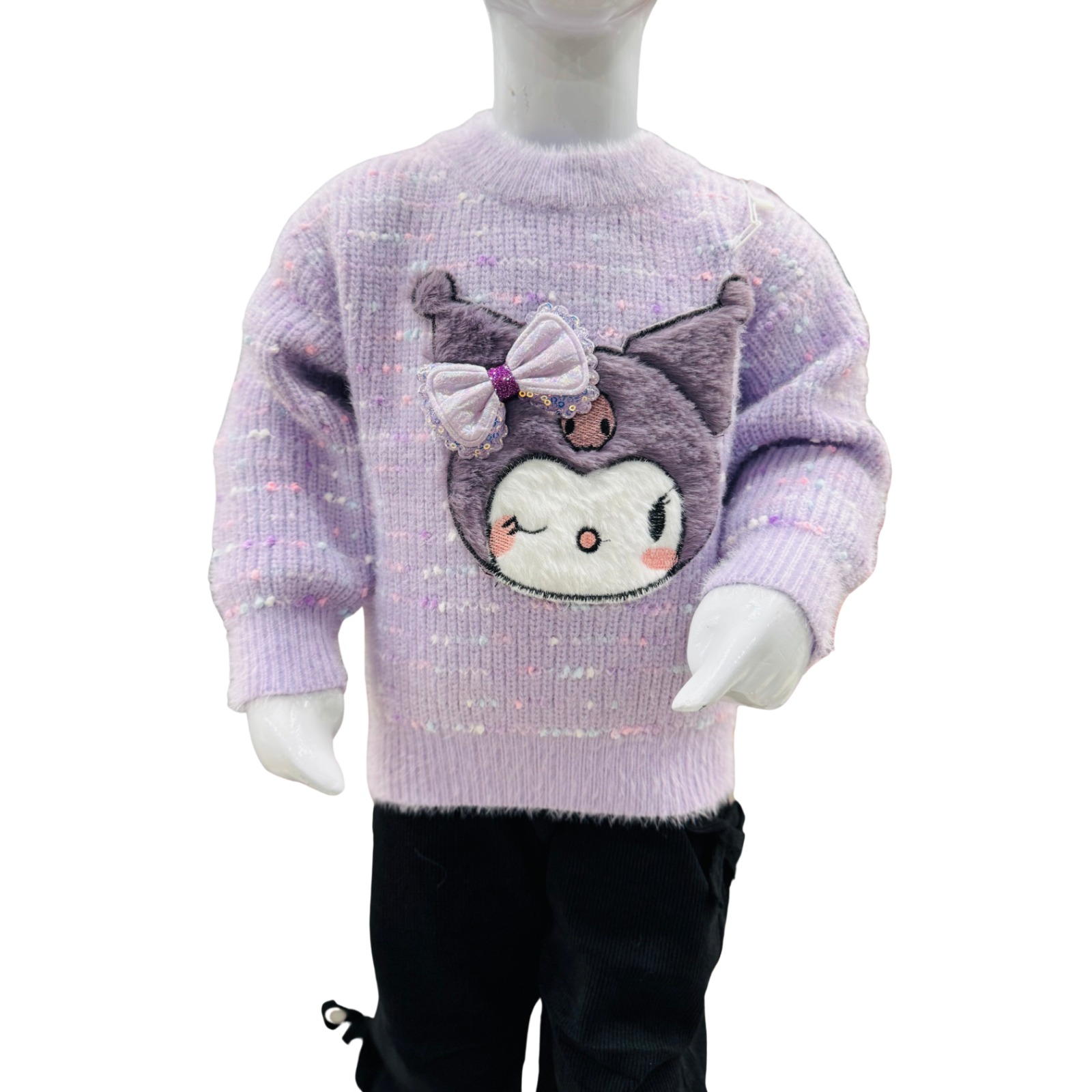 Girls Purple Cartoon Knit Winter Sweater & Trouser Set – Cute & Cozy Outfit - Image 2