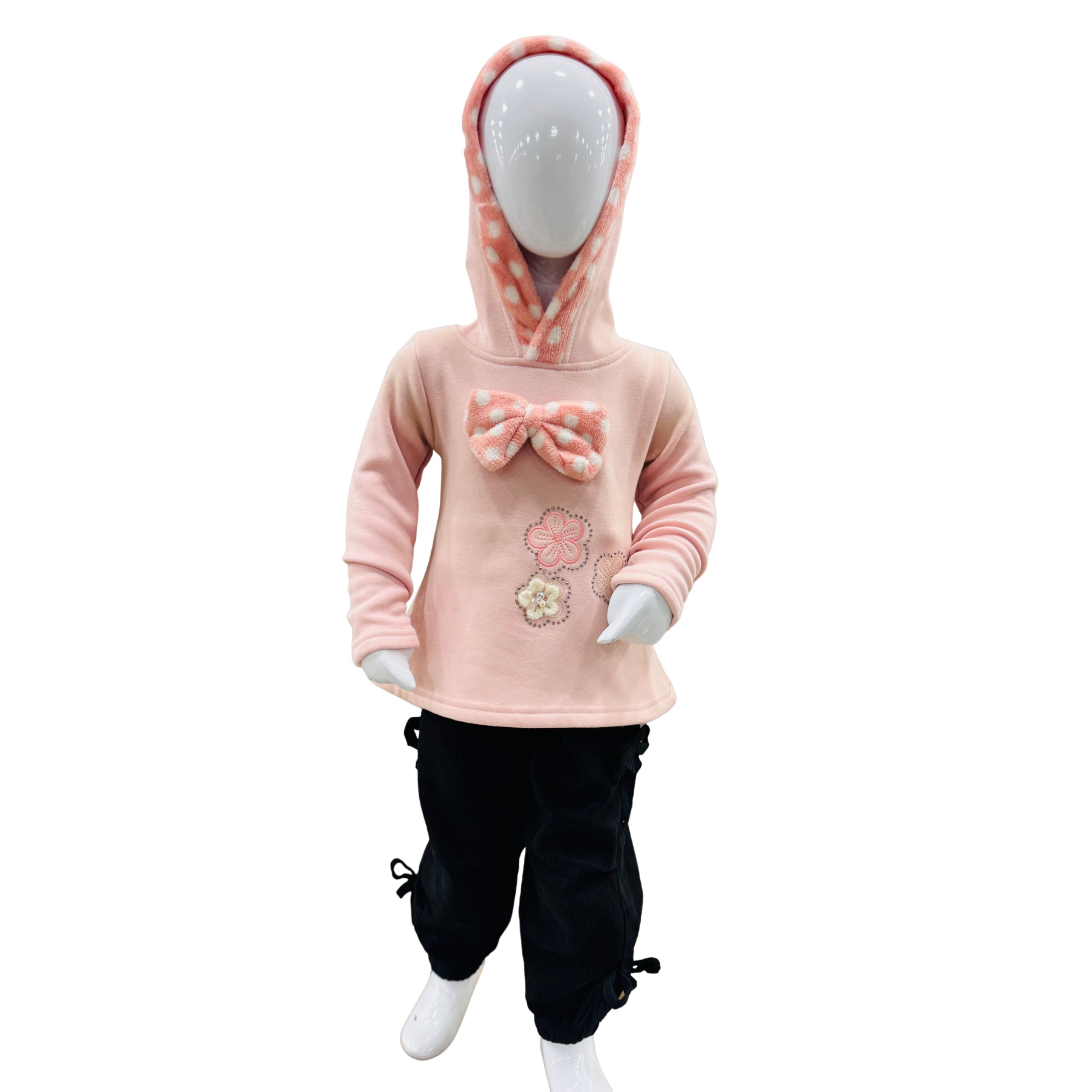 Girls Peach Hooded Winter Top & Trouser Set with Bow Design