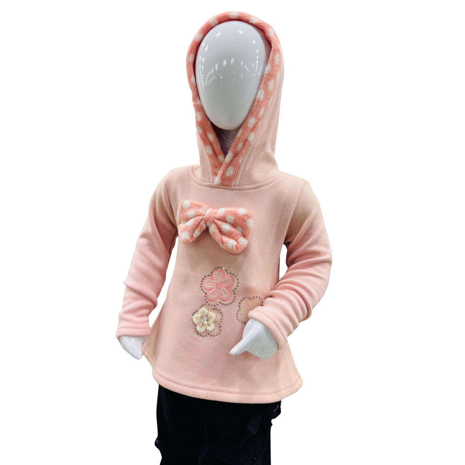 Girls Peach Hooded Winter Top & Trouser Set with Bow Design - Image 2