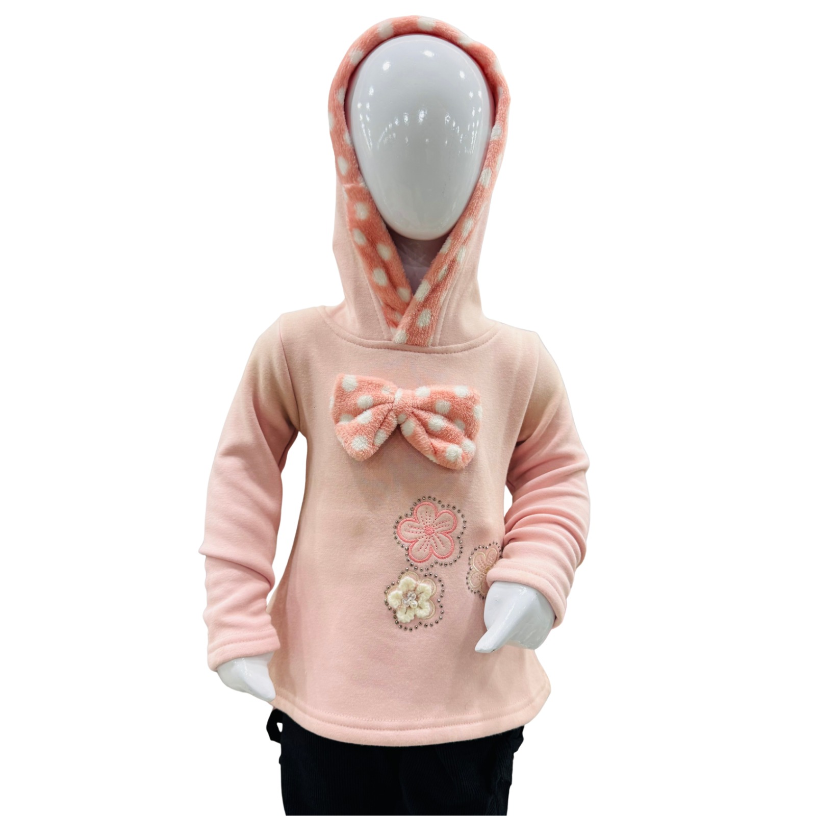 Girls Peach Hooded Winter Top & Trouser Set with Bow Design - Image 3