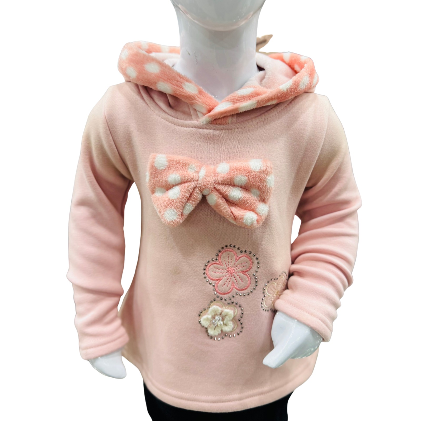 Girls Peach Hooded Winter Top & Trouser Set with Bow Design - Image 4