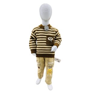 Boys Brown Striped Winter Sweater with Printed Denim Pants Set