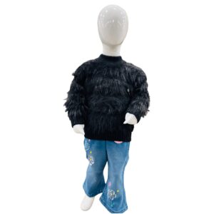 Girls Black Fur Winter Sweater with Embroidered Denim Jeans Set