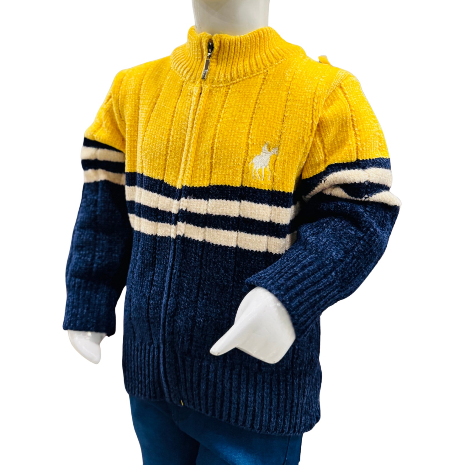 Boys Yellow & Navy Blue Zipper Winter Sweater with Pants Set - Image 2