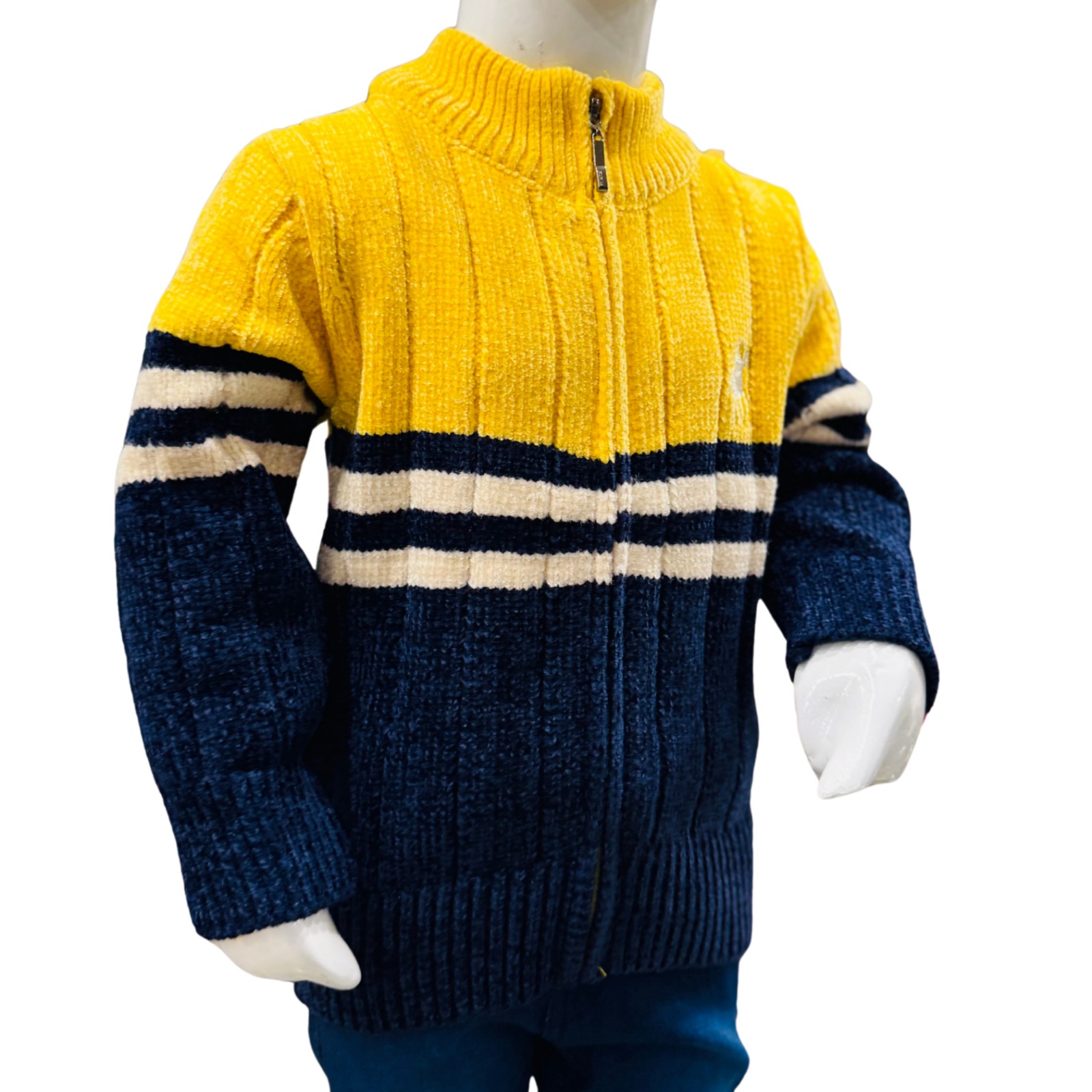 Boys Yellow & Navy Blue Zipper Winter Sweater with Pants Set - Image 3