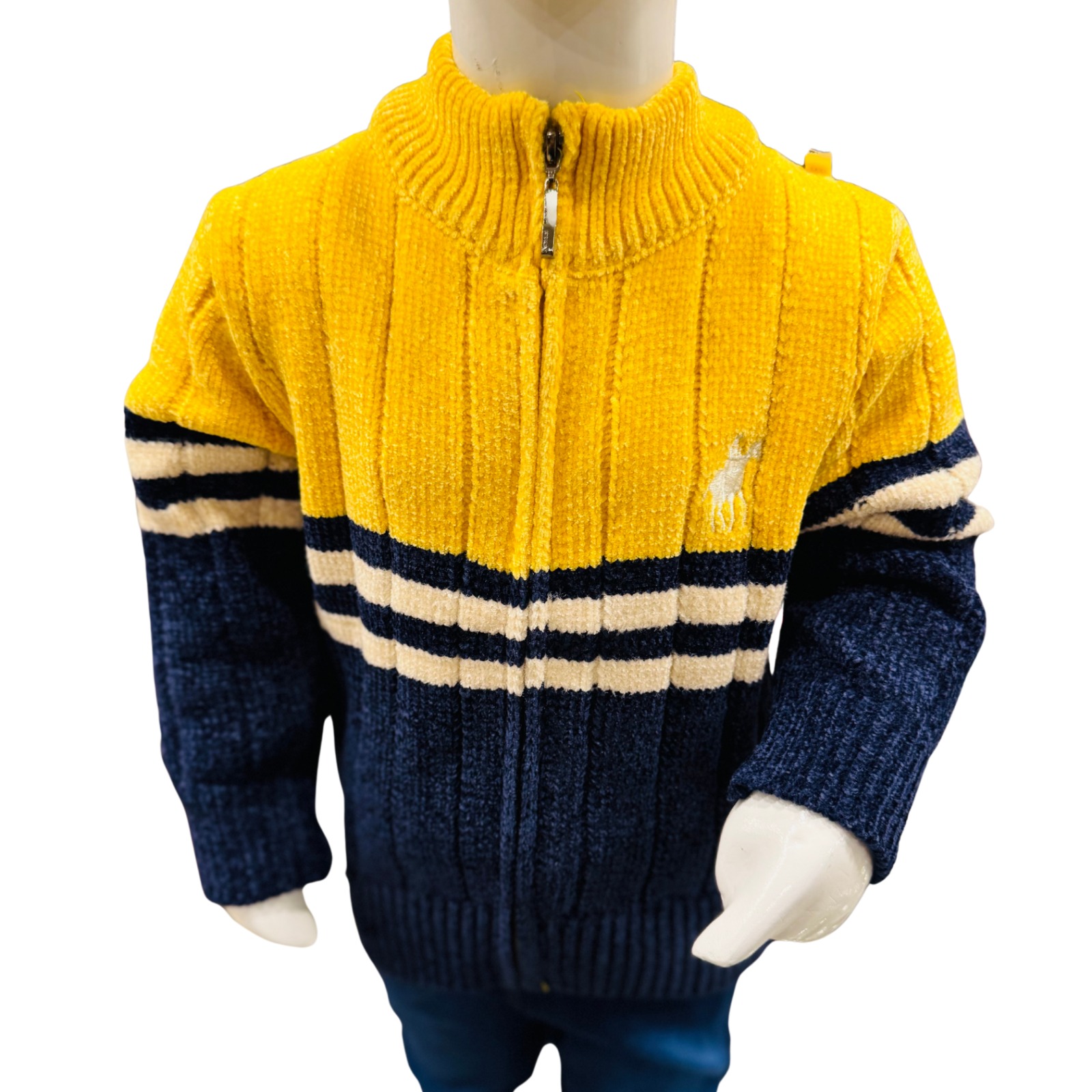 Boys Yellow & Navy Blue Zipper Winter Sweater with Pants Set - Image 4