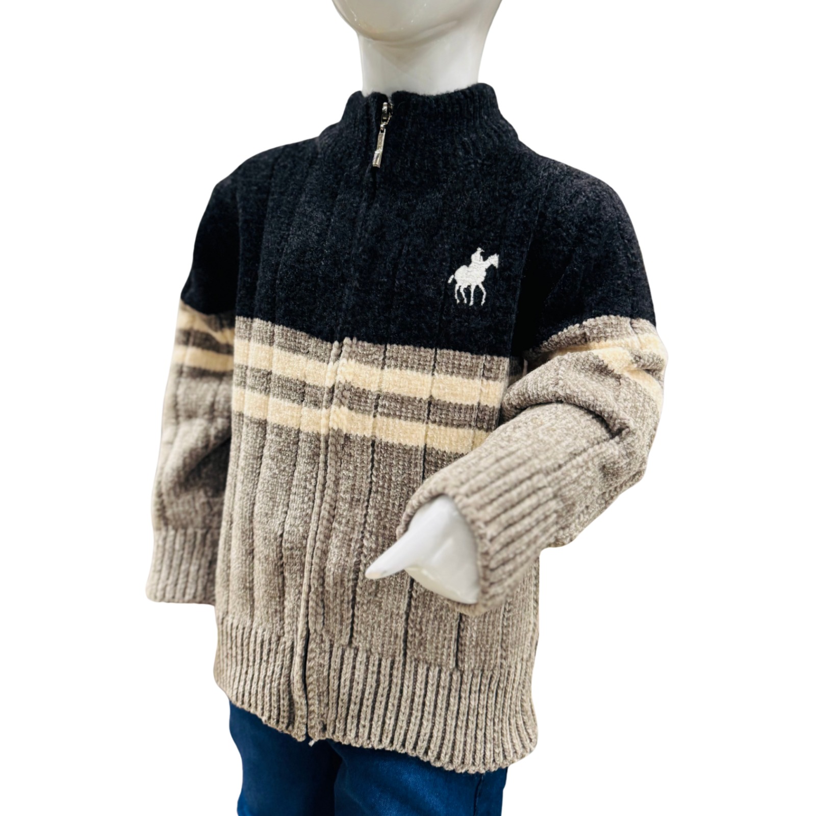 Boys Black & Grey Zipper Winter Sweater with Pants Set - Image 4