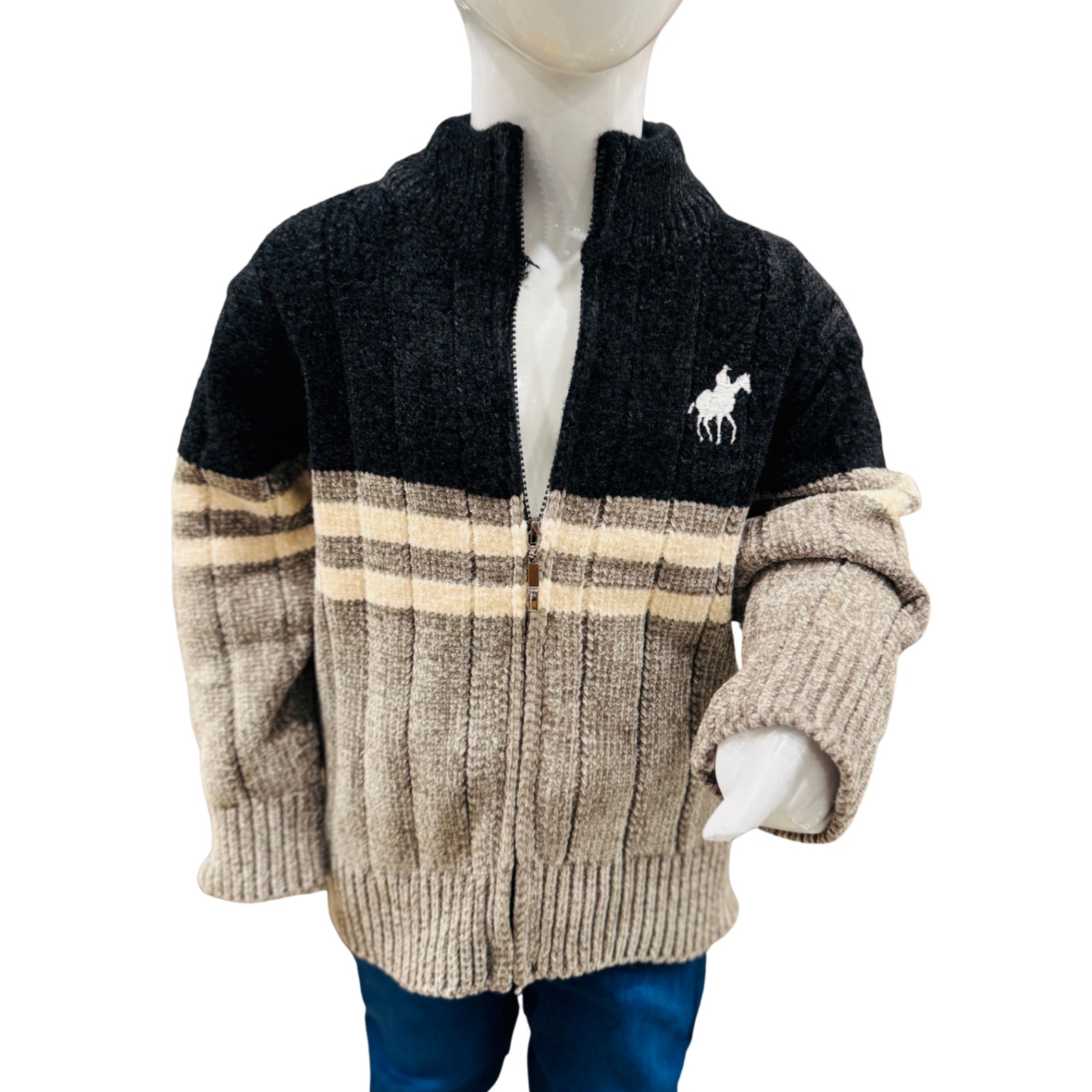 Boys Black & Grey Zipper Winter Sweater with Pants Set - Image 3