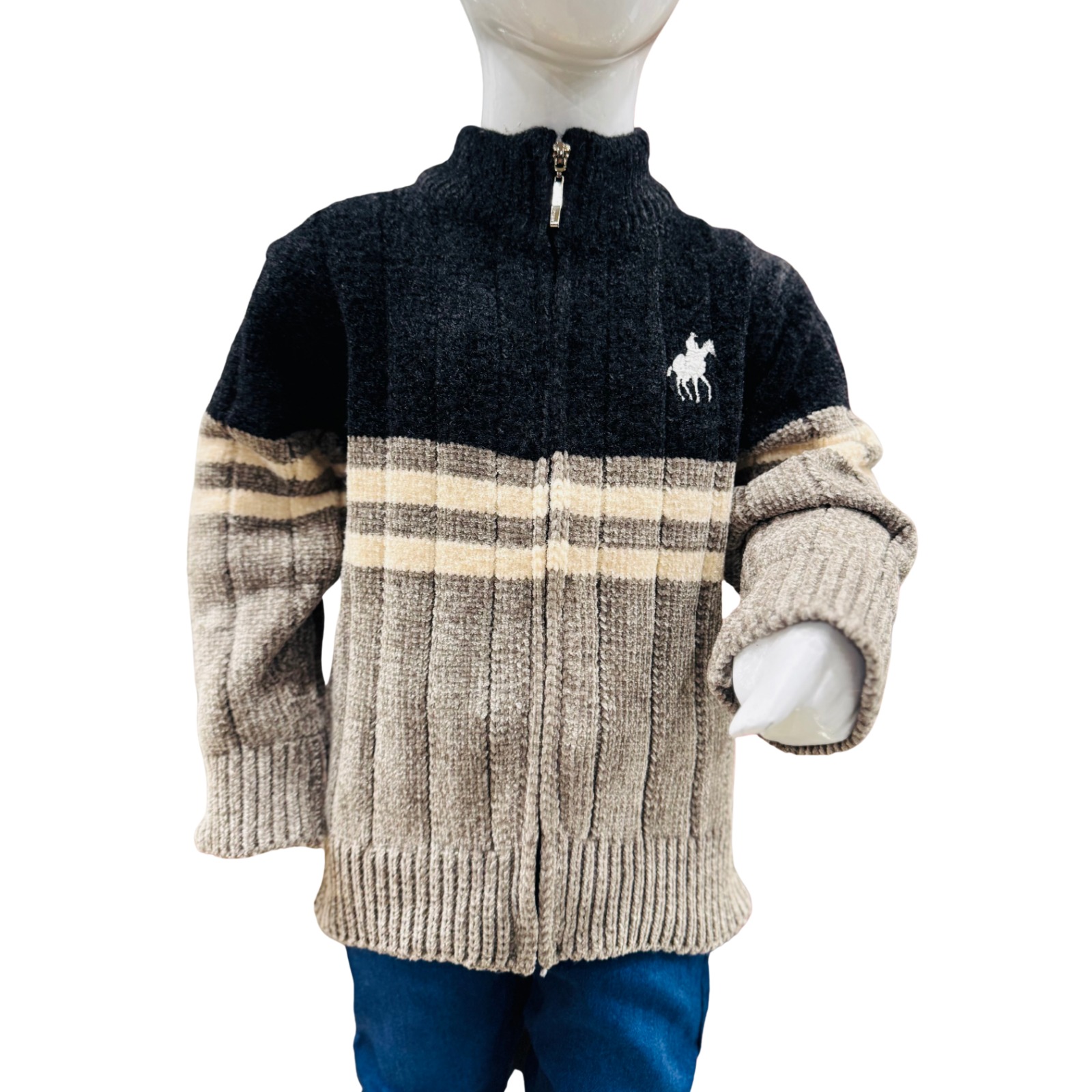 Boys Black & Grey Zipper Winter Sweater with Pants Set - Image 2
