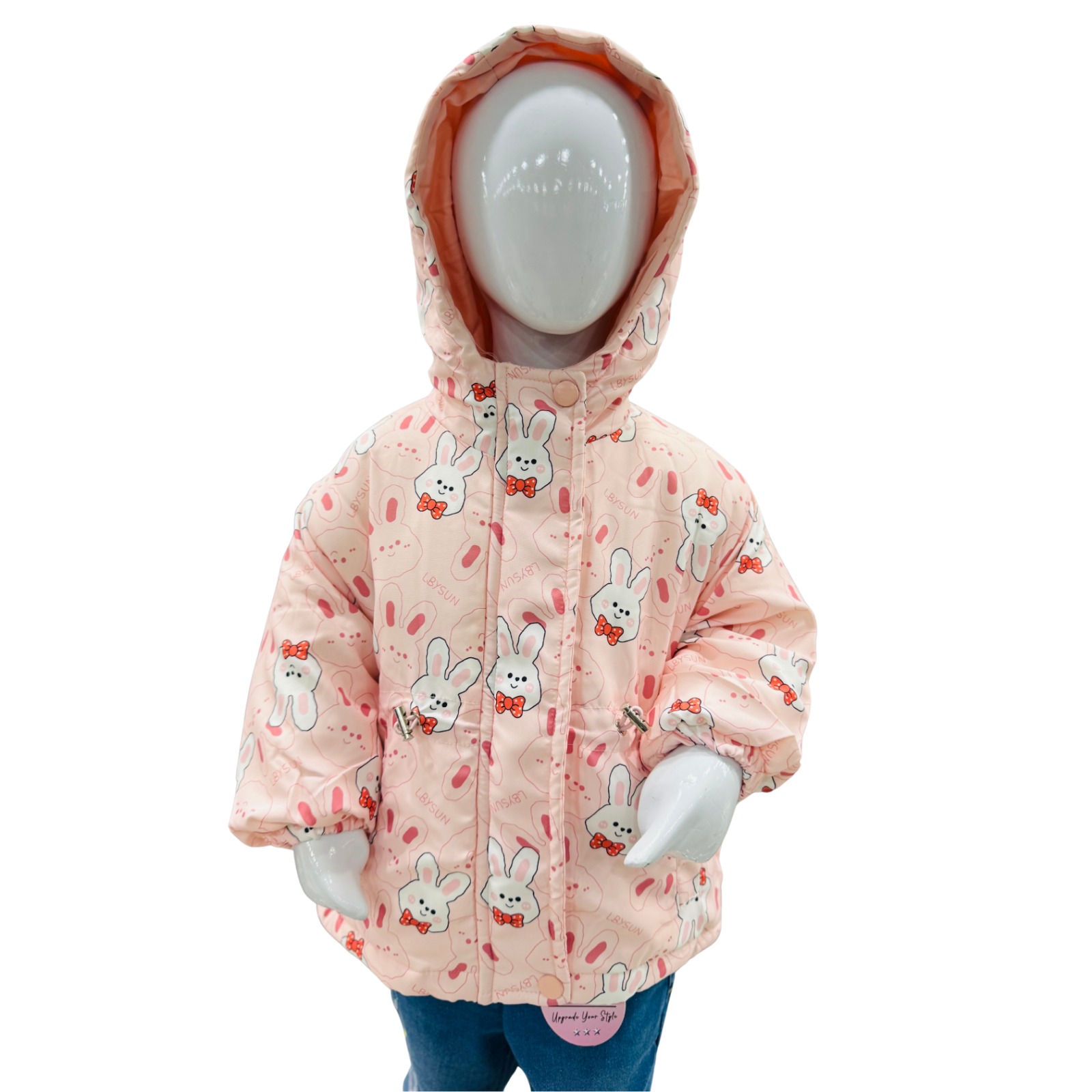 Girls Pink Bunny Print Hooded Winter Jacket - Image 2