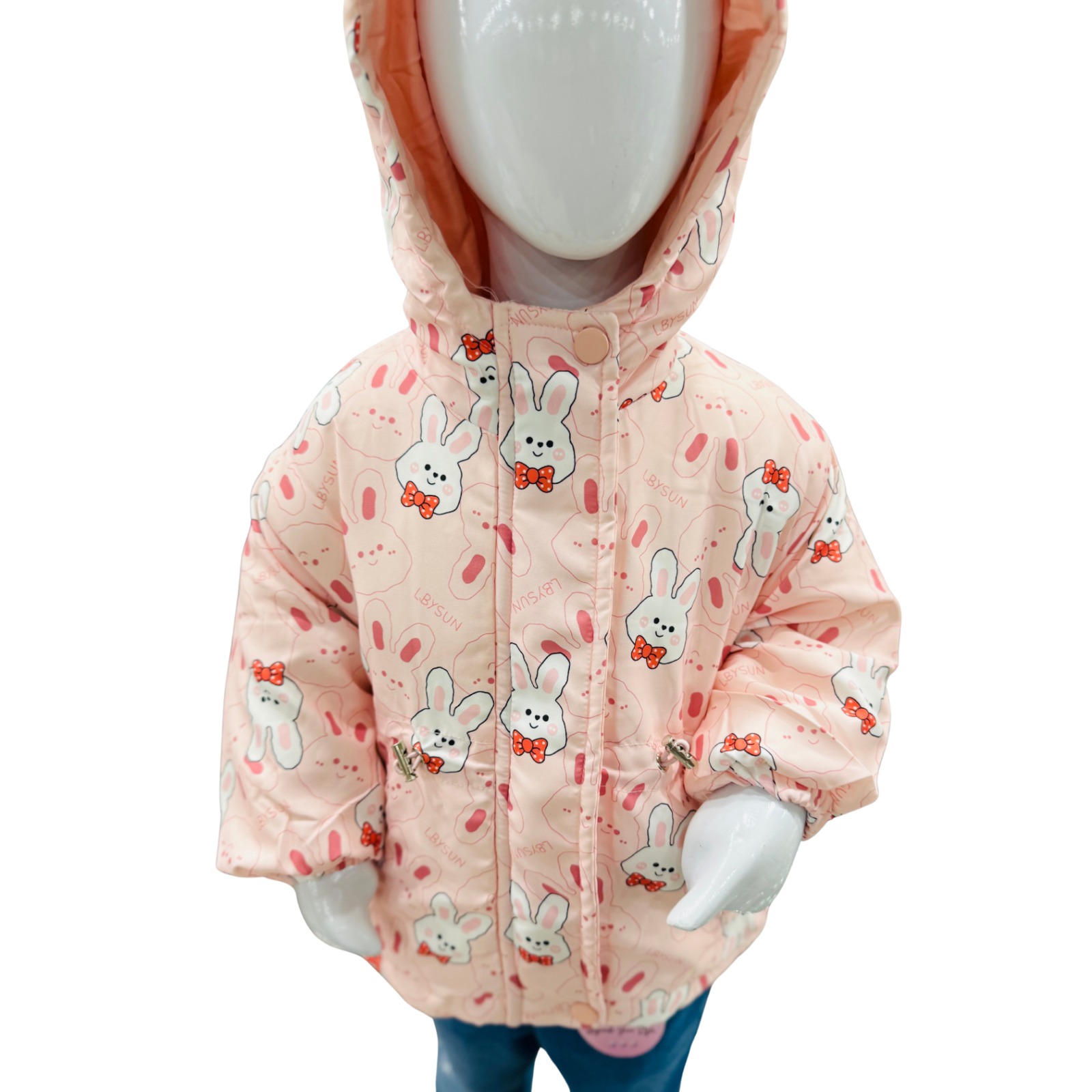 Girls Pink Bunny Print Hooded Winter Jacket - Image 4