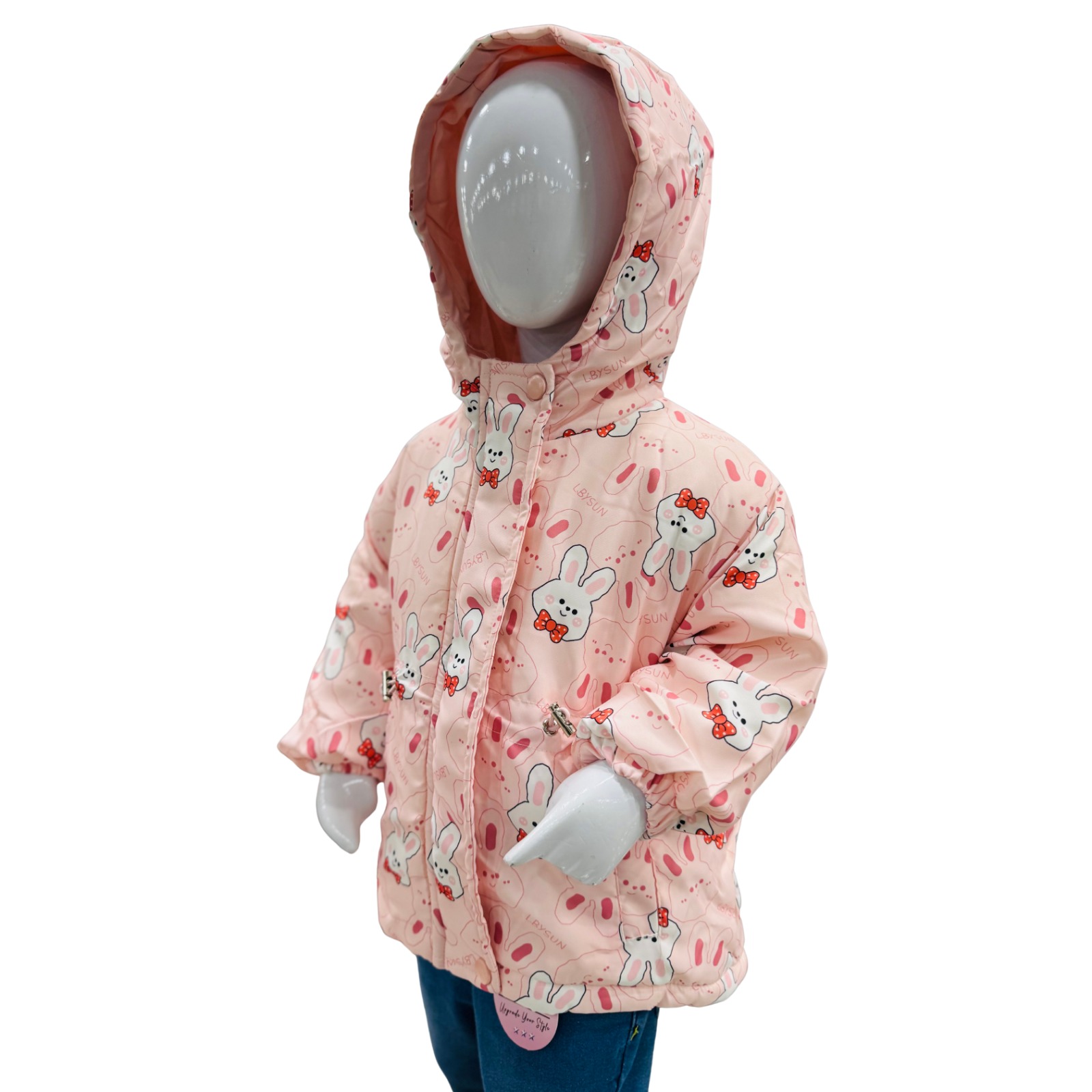 Girls Pink Bunny Print Hooded Winter Jacket - Image 3