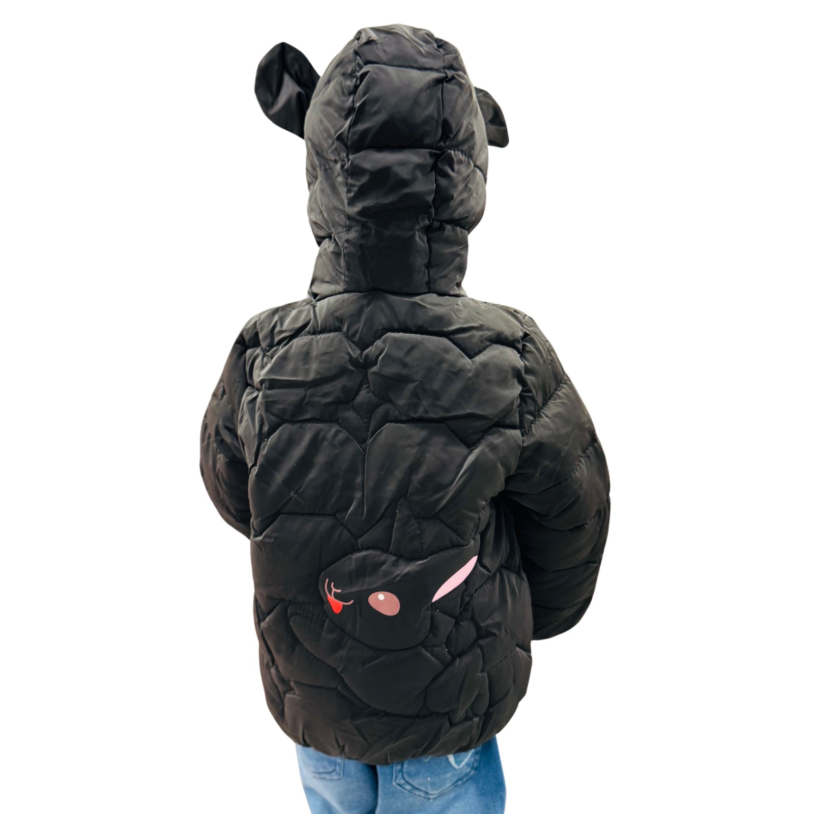 Kids Black Hooded Puffer Jacket with Cute Ear Design - Image 3