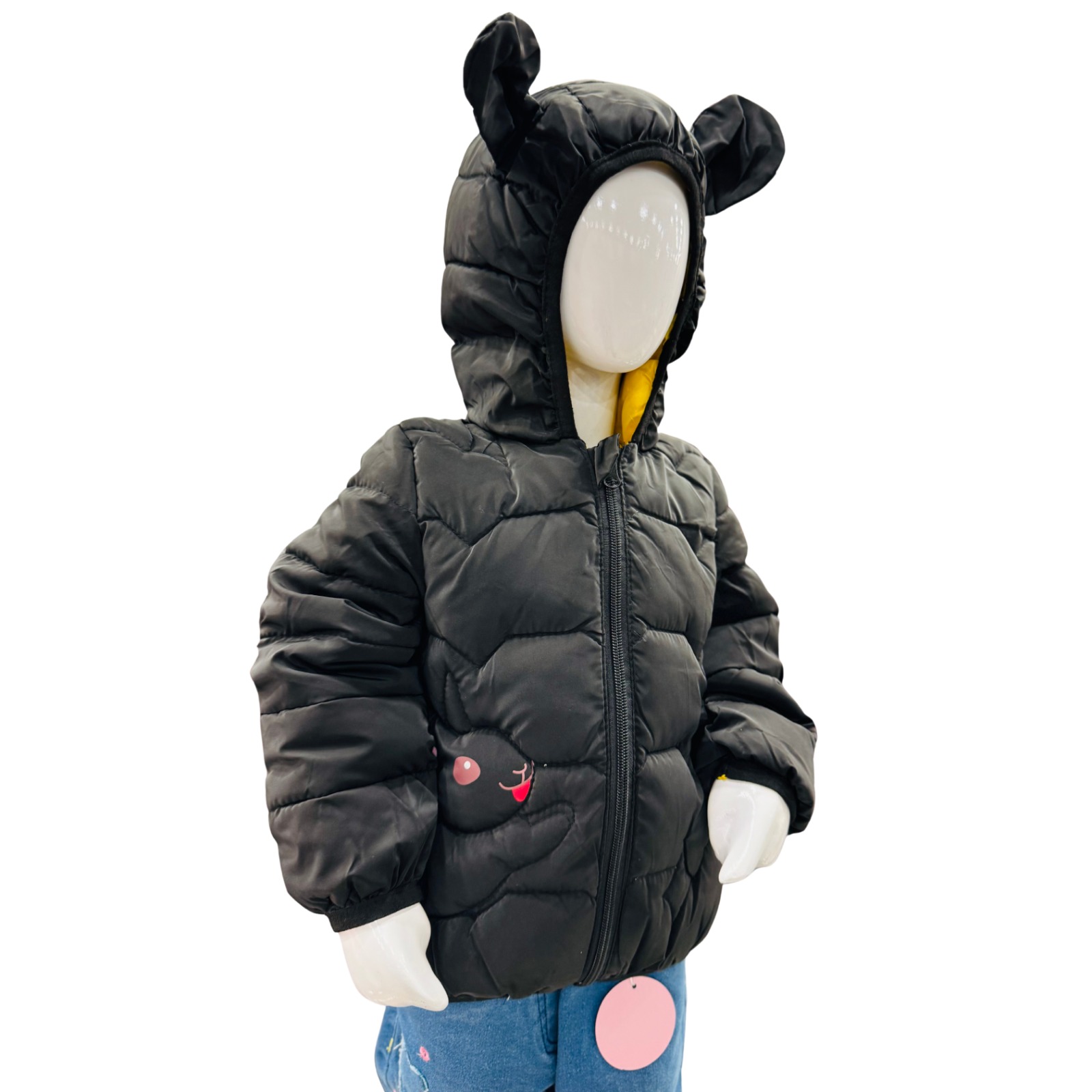 Kids Black Hooded Puffer Jacket with Cute Ear Design - Image 4