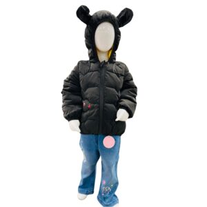 Kids Black Hooded Puffer Jacket with Cute Ear Design