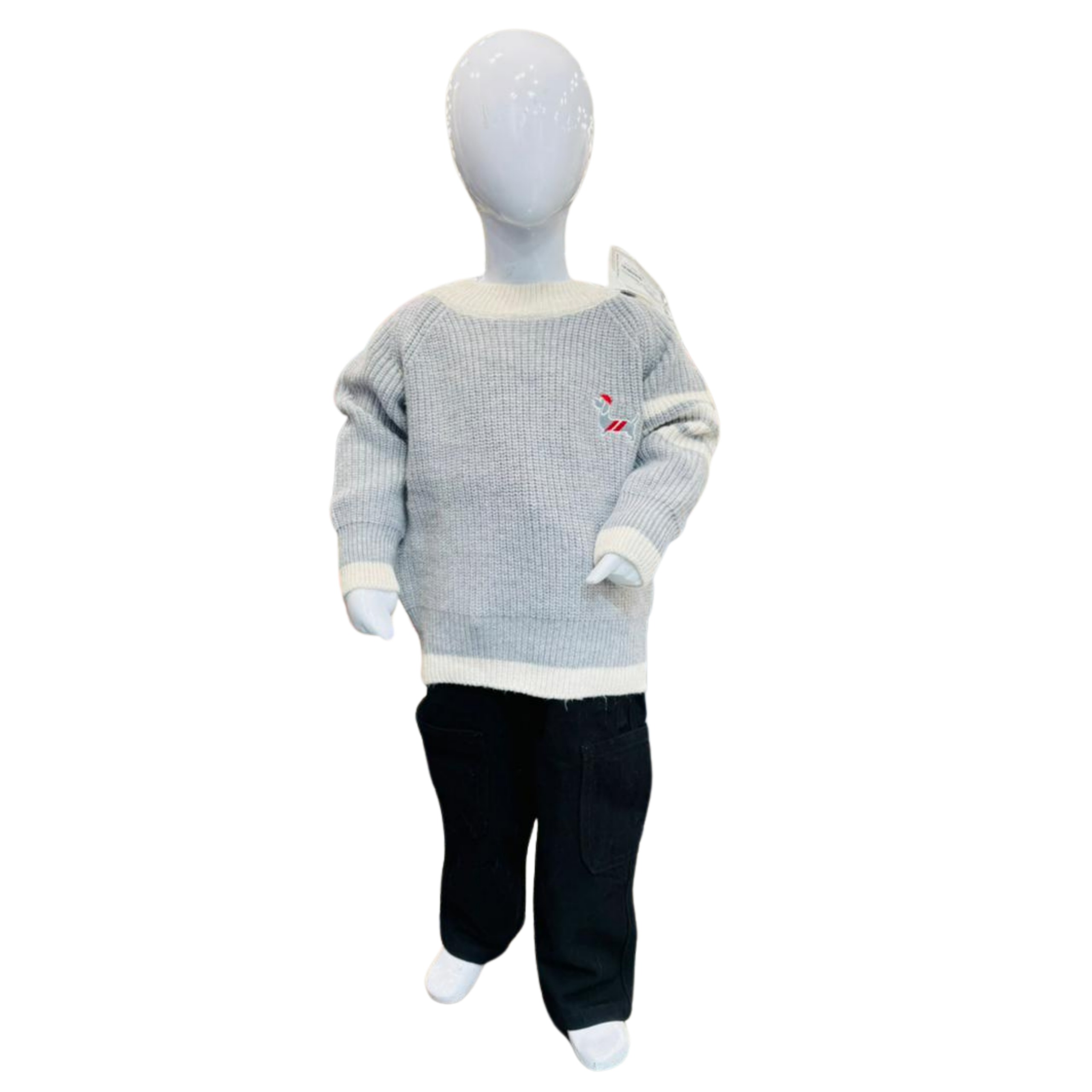 Boys Light Grey Knit Winter Sweater with White Ribbed Trim