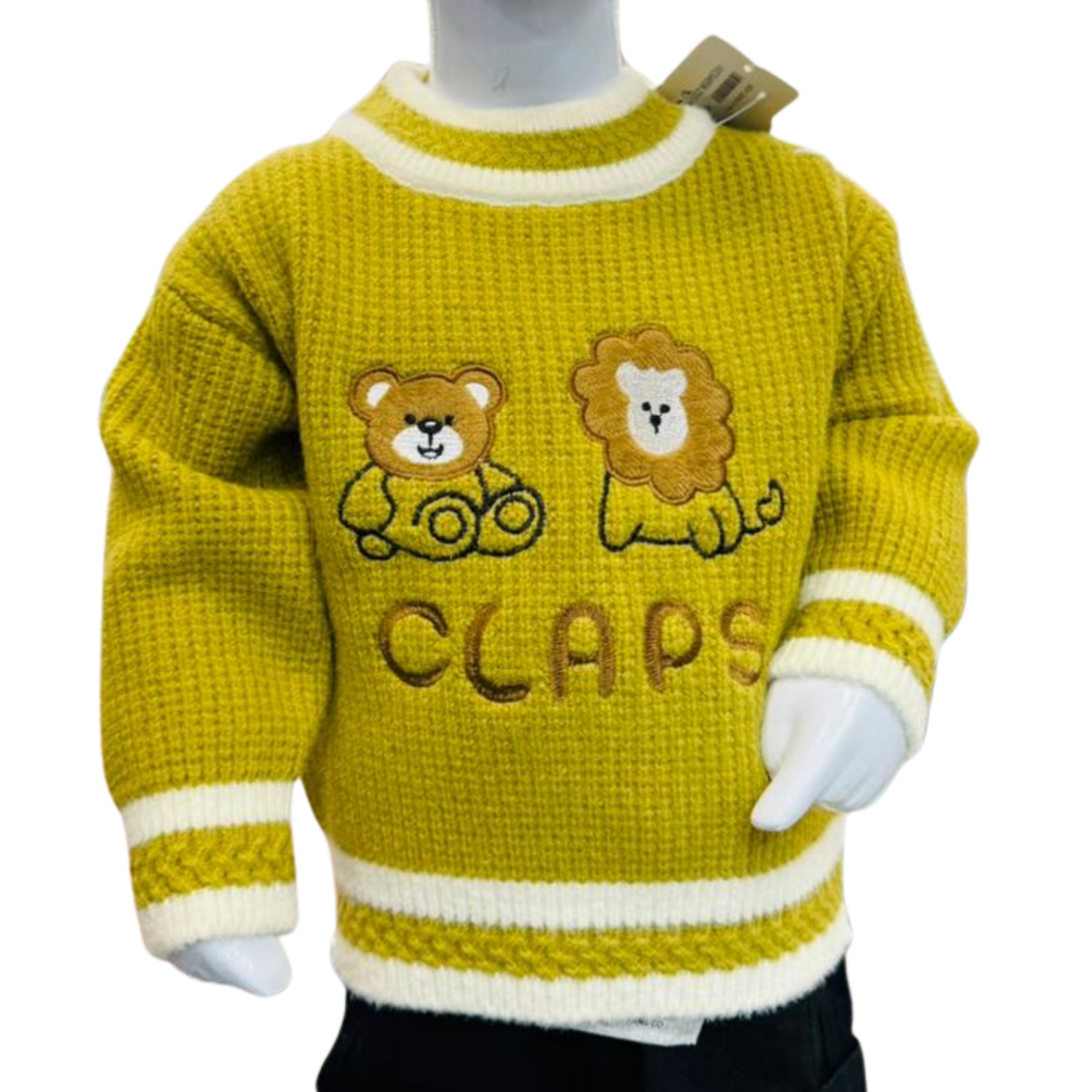 Kids Olive Green Cartoon Winter Sweater Set - Image 2