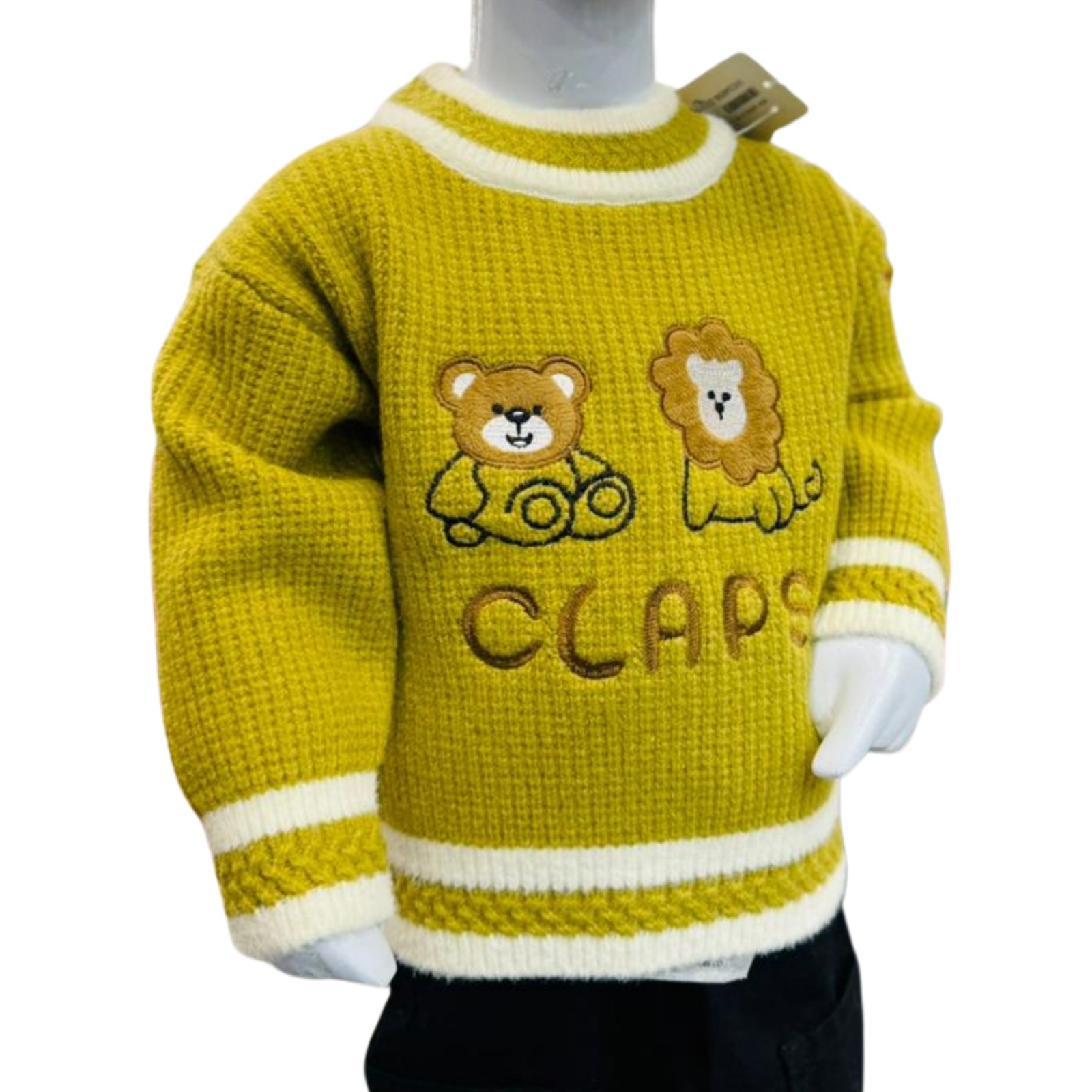 Kids Olive Green Cartoon Winter Sweater Set - Image 4