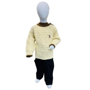 Kids Cream Cable Knit Winter Sweater Set with Bear Patch