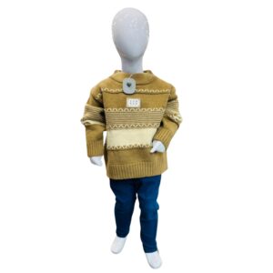 Kids Brown Patterned Knit Winter Sweater with Denim Pants