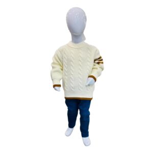 Kids Cream Cable Knit Winter Sweater with Blue Denim Pants