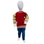 Kids Red & Beige Varsity Style Winter Sweater with Blue Denim Pants