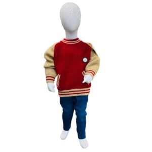 Kids Red & Beige Varsity Style Winter Sweater with Blue Denim Pants