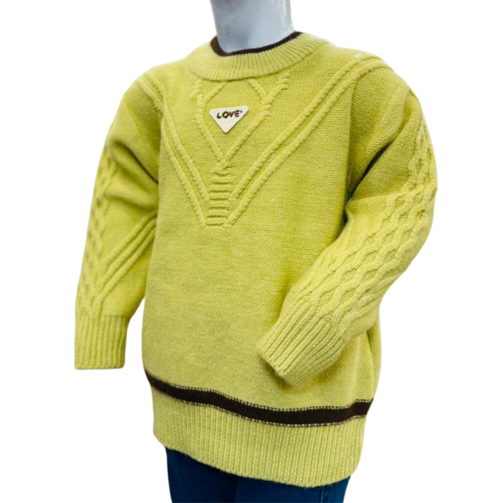 Kids Light Green Winter Sweater with Textured Knit & Blue Pants - Image 2