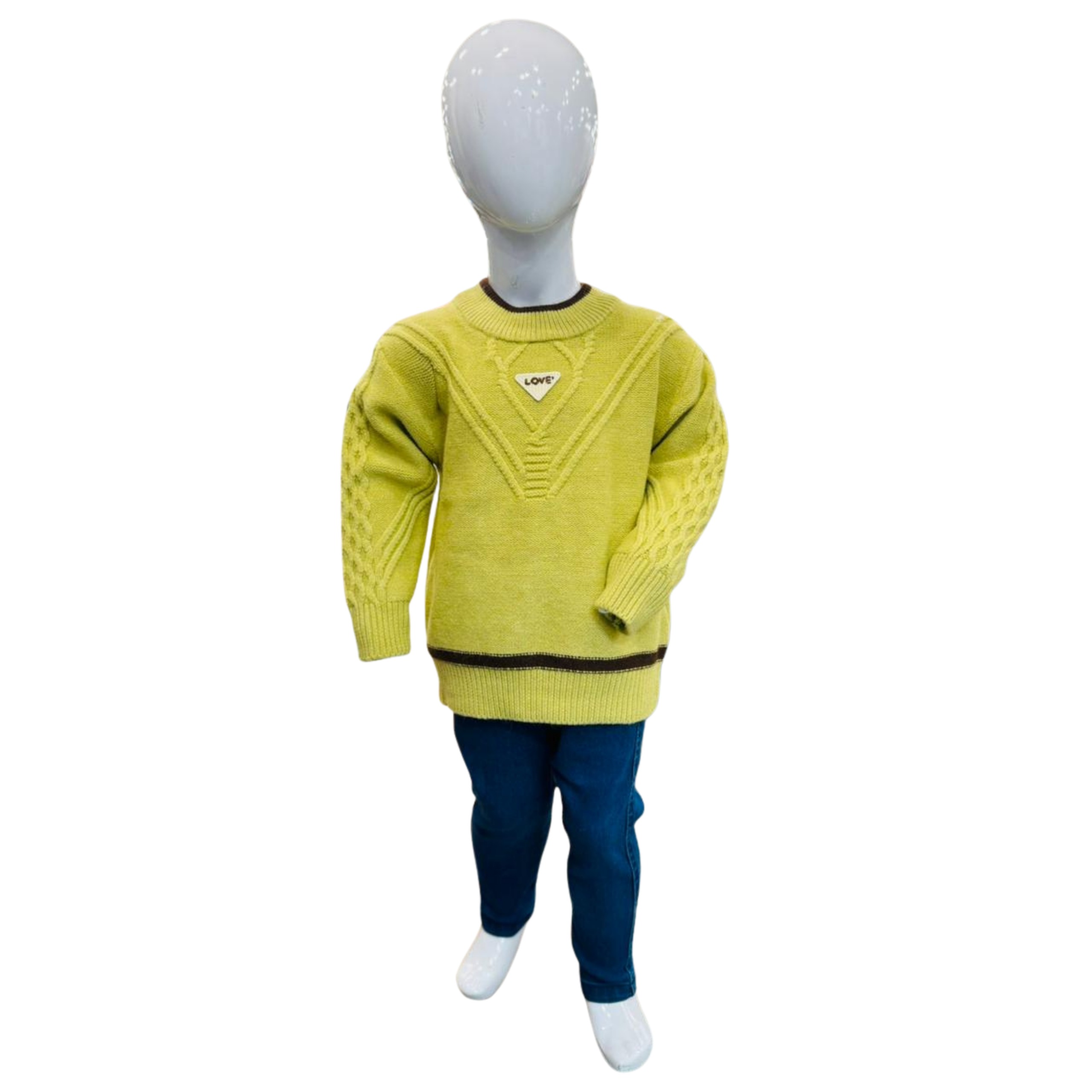 Kids Light Green Winter Sweater with Textured Knit & Blue Pants