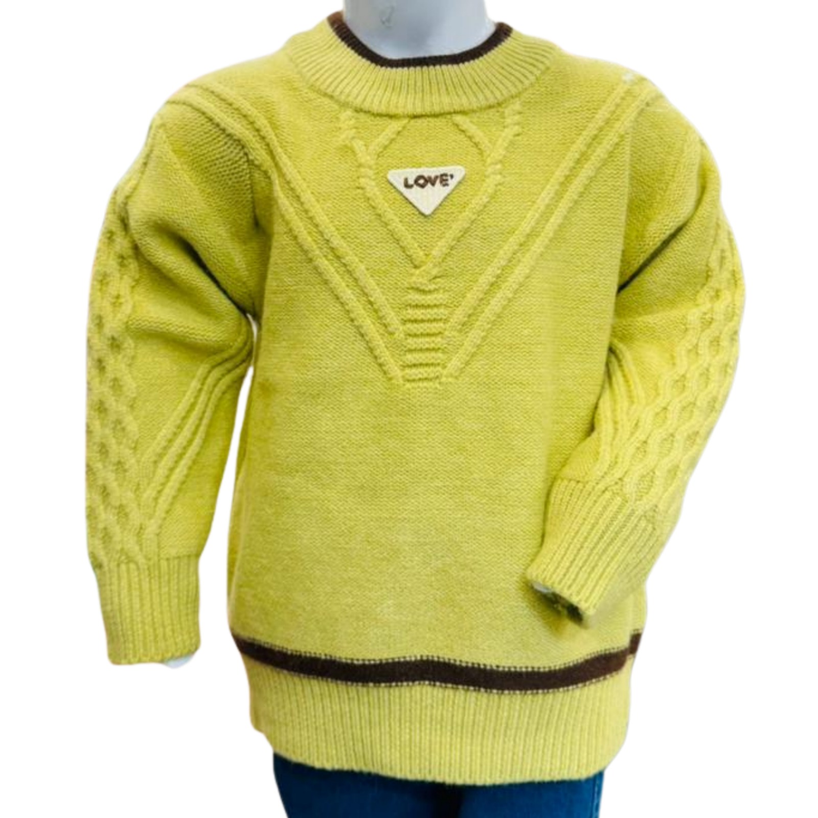 Kids Light Green Winter Sweater with Textured Knit & Blue Pants - Image 3