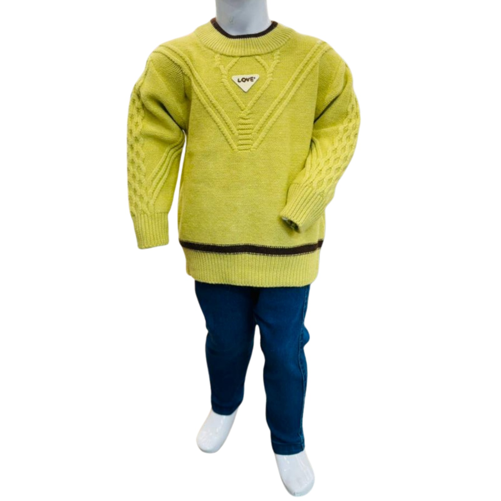 Kids Light Green Winter Sweater with Textured Knit & Blue Pants - Image 4